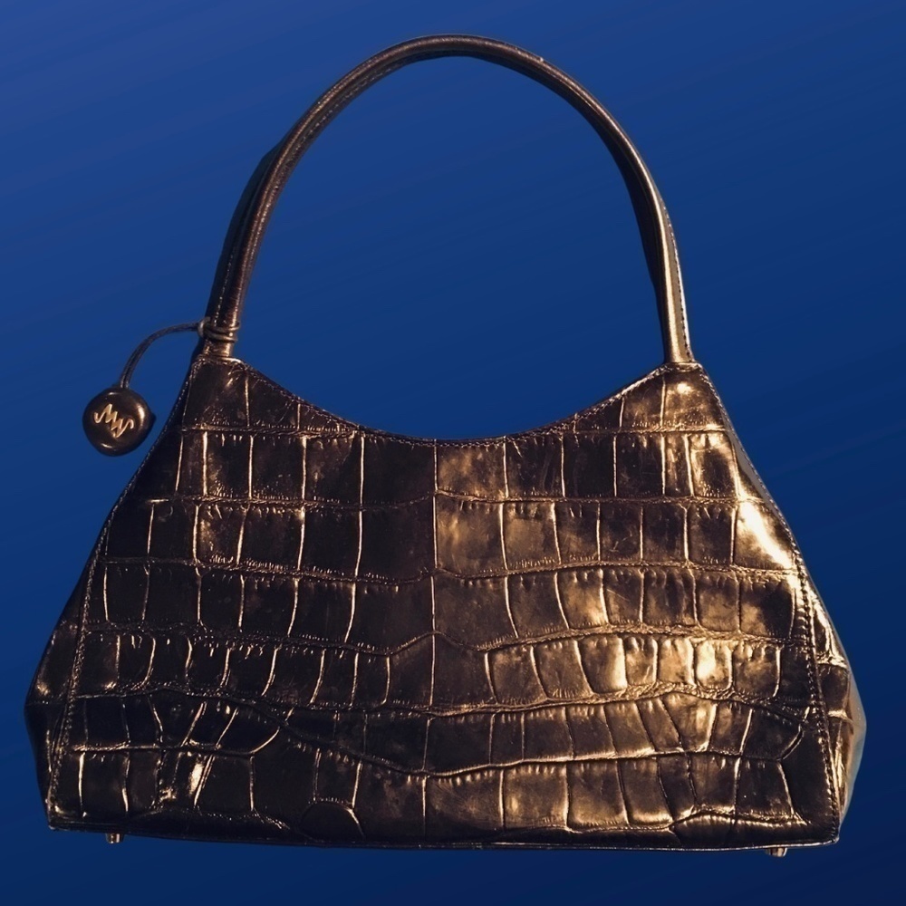 Monsac alligator crocodile embossed leather handbag shoulder bag,Black,Pre-owned